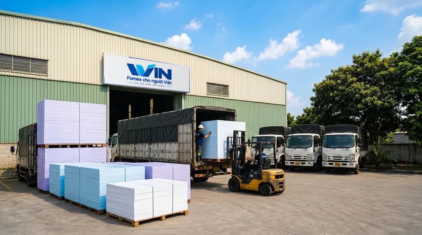 Sân nhà máy WIN, kiện tấm Fomex chờ xuất hàng