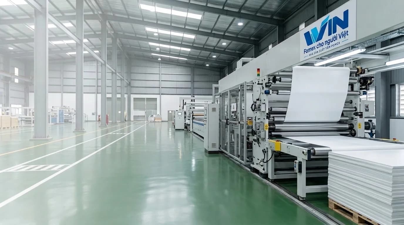 Dây chuyền đùn ép tấm Fomex trắng dưới biển WIN trong nhà máy