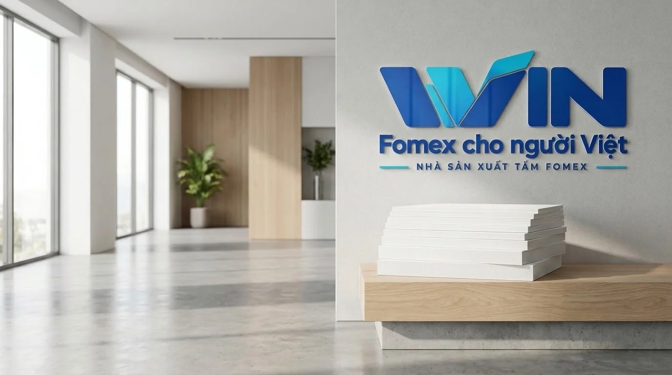Chồng tấm Fomex trắng trên kệ gỗ dưới logo WIN trong phòng trưng bày