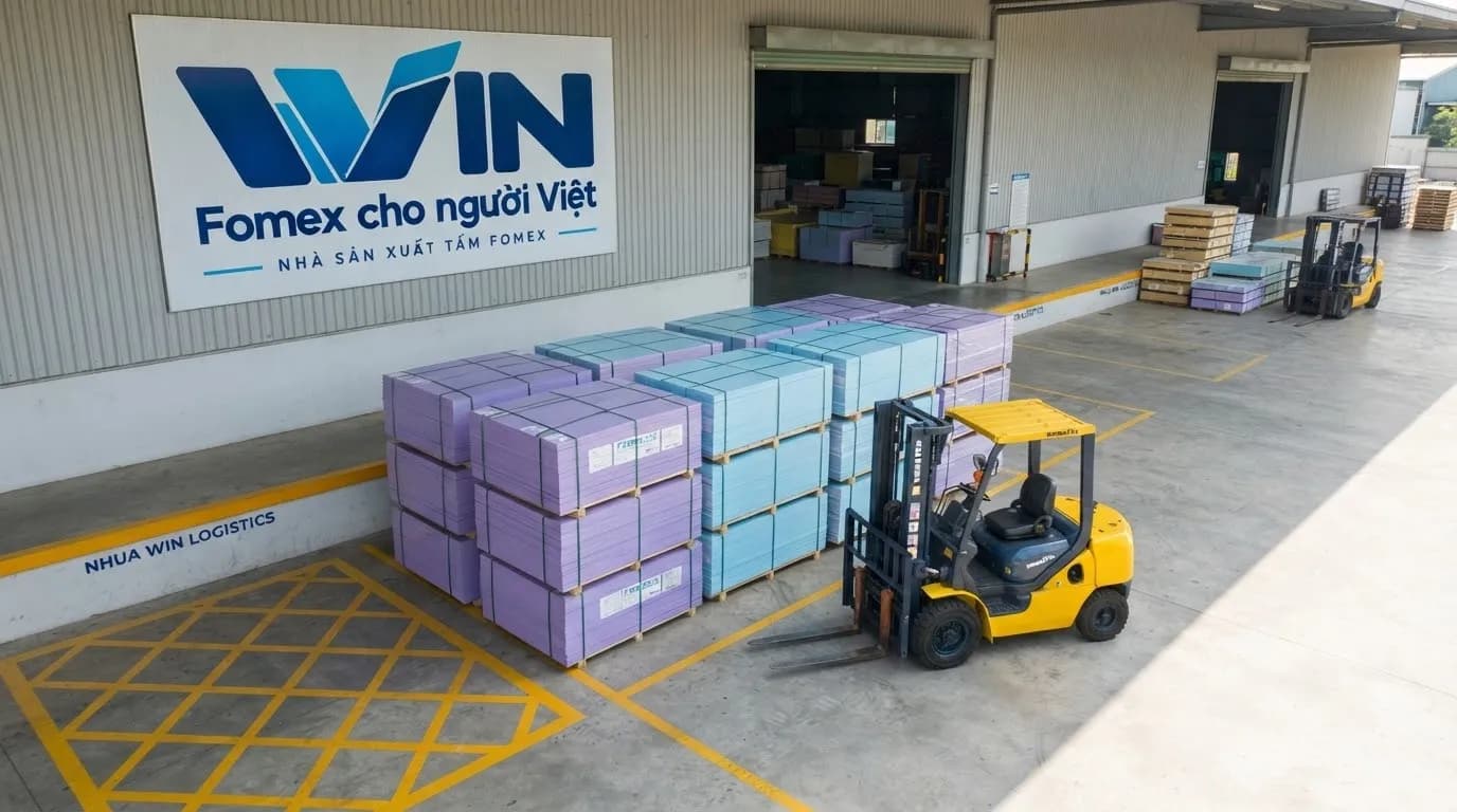 Khu xếp hàng với kiện tấm Fomex bọc màng và xe nâng