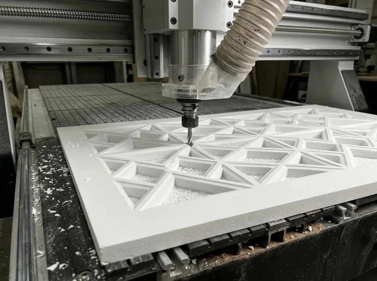 Máy CNC phay hoa văn hình học trên tấm Fomex dày